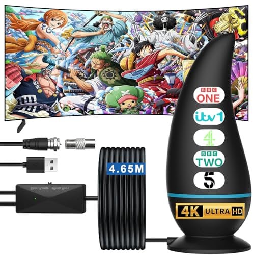 【2025 New Upgrade】Indoor TV Aerial, Freeview Aerial Supports 4K 1080P Signal Reception, TV Ariels Indoor Comes with 4.65m Coaxial Cable, Plug and Play, Compatible with All TVs and Digital Receivers