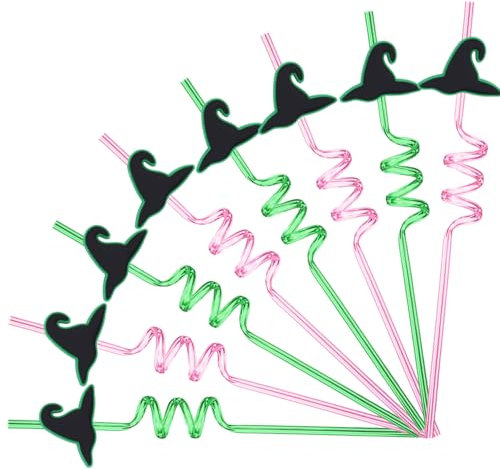 8Pcs Reusable Plastic Drinking Straws, Wizard Hat Pattern Curly Hard Plastic Straws, Green and Pink Witch Themed Birthday Party Favors Decor Supplies for Wicked Party Halloween