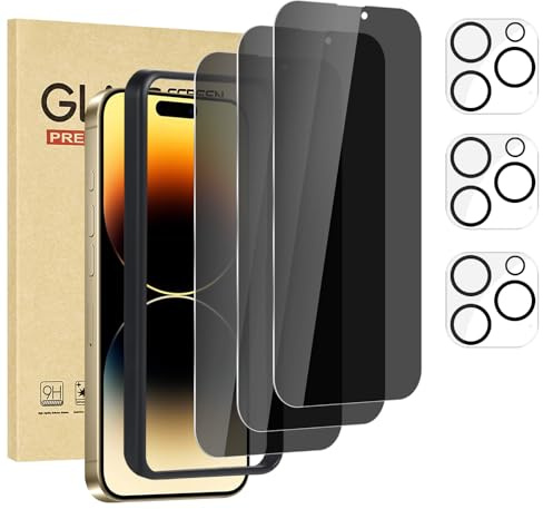 Rvciby 3 Pack Privacy Screen Protector for iPhone 14 Pro with 3 Pack Camera Lens Protector with Installation Frame,Anti Spy Tempered Glass Film 9H Hardness，Scratch Resistant，Bubble Free [6.1 inch]