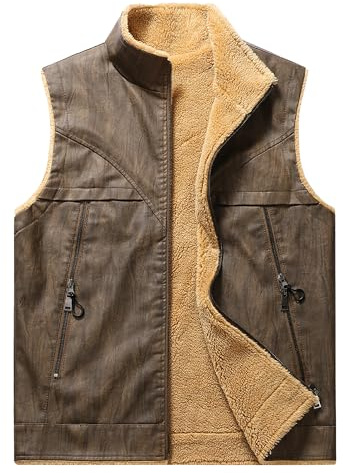 AIEOE Gilet d'hiver chaud pour homme en cuir synthétique avec doublure en peluche - Veste sans manches - Veste demi-saison pour l'extérieur, marron, M