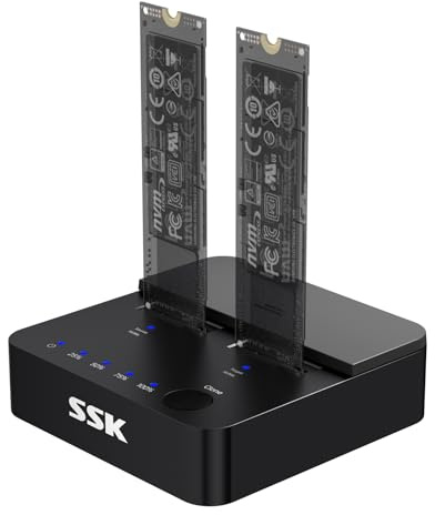 SSK M.2 NVMe & SATA SSD Cloner, 20Gbps Dual Bay Hard Disk Docking Station | USB 3.2 Gen 2x2, adattatore USB per lettore SSD PCIe M-Key-/B+M-Key con funzione di clonazione offline, UASP e Trim