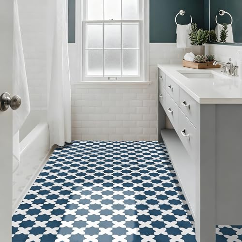 Alwayspon 30x30cmx10Stück Selbstklebende Bodenbeläge Peel and Stick Vinyl Aufkleber, rutschfeste wasserdichte Vinyl Bodenfliesen für Küche Badezimmer Wohnzimmer, Vintage Blau Weiß Marmor