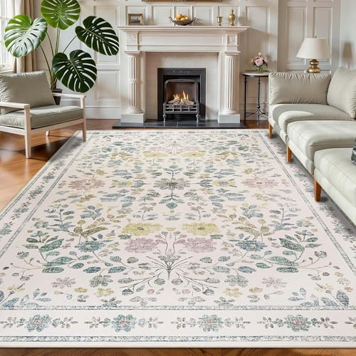 Homcomodar Waschbarer Beige Teppich Wohnzimmer 160x230cm Boho Vintage Teppiche Kinderzimmer Blumenmuster Teppich Kurzflor rutschfest Weich Teppiche für Schlafzimmer Esszimmer Büro