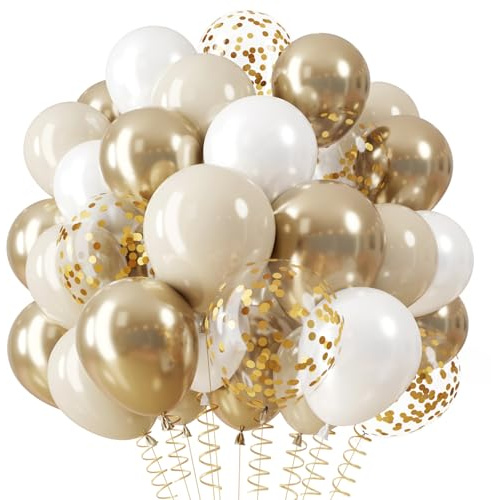 QIFU Luftballons Weiß Gold, 36Stück Goldene Luftballon Geburtstag Sandweiß | 12 Zoll Helium Ballons Gold Sandweiß, Gold Konfetti Luftballons Beige für Boho Hochzeit Geburtstag Frau Mädchen Verlobung EID