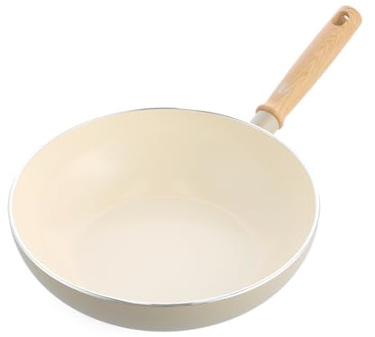 GreenChef Nordics Wok con Rivestimento Ceramico Antiaderente, 28 cm/3,7 L, Compatibile con Induzione, Manico Effetto Legno, Senza PFAS, Adatto al Forno 160 °C, Lavabile in Lavastoviglie, Crema