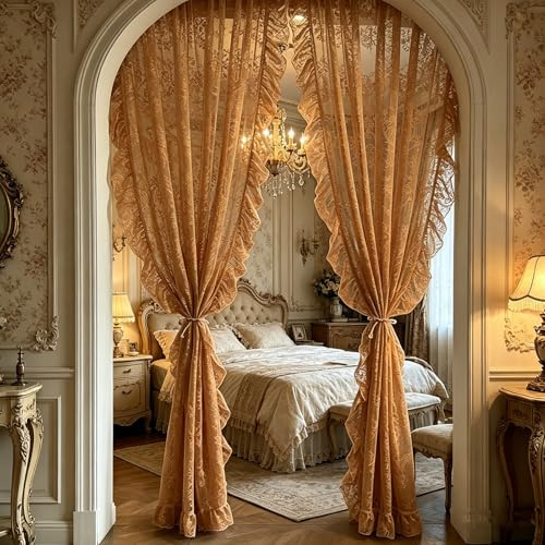 Fmorgen Französische Spitzenvorhang Durchlässig Spitzenvorhang 2 Stück Spitzengardinen Gardinen Vintage-Fensterbehandlung Ösenvorhang für Wohnzimmer Schlafzimmer, Gelb-140x260CM