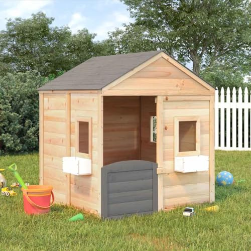 GeenYuu Casetta giocattolo per bambini in legno di abete massiccio con porta chiudibile a chiave, finestra, 2 vasi da fiori, 125 x 120 x 132 cm, per giardino, divertimento all'aperto, nascondere e