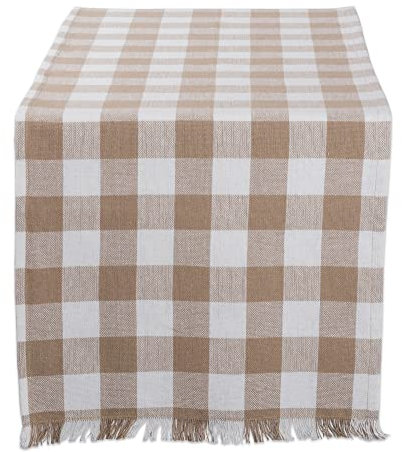 DII Heavyweight Fringed Collection Karierte Tischplatte, Baumwolle, Steinbraun, Table Runner, 14x72