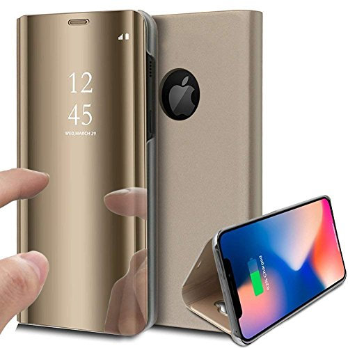 Herbests Hülle Kompatibel mit iPhone XS Max Spiegel Ledertasche BookStyle Handyhülle Brieftasche Glitzer Kristall Spiegel Hülle Mirror Case Leder Flip Tasche Lederhülle,Gold
