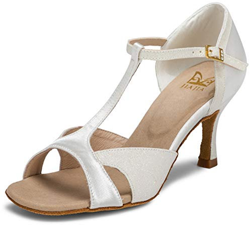 JIAJIA 2055 Latin Women's Sandals 2.7'' Flared Heel Super Satin with Sparkling Glitter Dance Shoes Color Ivory,Size 5 UK / 38 EU