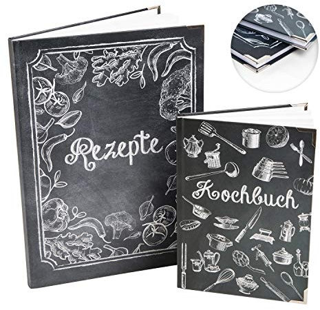 Logbuch-Verlag DIY Kochbücher SET schwarz weiß Tafelkreide-Stil A4 + A5 - leere Rezeptbücher für eigene Rezepte Geschenkidee Geburtstag