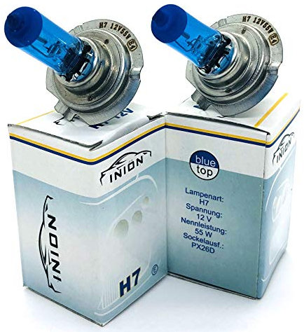 INION 2x Stück H7 55Watt PX26d 12V Halogen Lampen Blue Vision Optik Faltschachtel (H7)