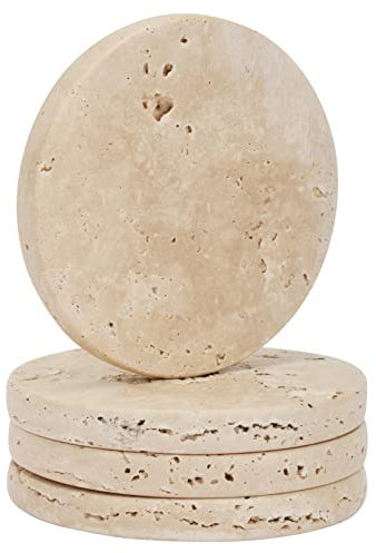 WORHE Lot de 4 sous-verres ronds en marbre naturel travertin - Dos en liège antidérapant - Cadeau de pendaison de crémaillère, mariage, protège les tables contre les taches et les rayures (BD140)