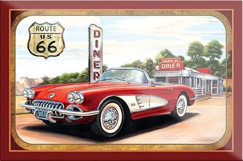 Magnet ''Route 66 Diner'' 9x6cm Kühlschrankmagnet Lustige Sprüche Feier Vintage Retro Geburtstag Deko Party Überraschung Fan Mechaniker Auto Motorrad Werkstatt