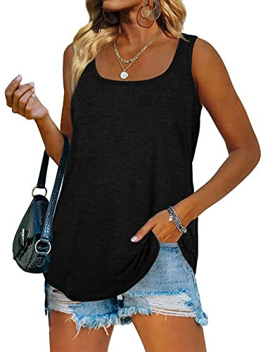 iChunhua Summer Long Vest Tank Tops for Women Square Neck Sleeveless T Shirt Black Large