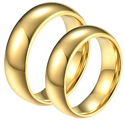 Bishilin Wolframcarbid Ringe Damen Herren mit Gravur, Gold Ringe Poliert 8MM Gr.52 (16.6)-70 (22.3), Verlobungsringe Paar Ringe Set