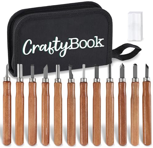 CraftyBook Wood Carving Kit - 12 Wood Carving Tools with Sharpening Whetstone and Pouch - for Expert or Novice Carvers