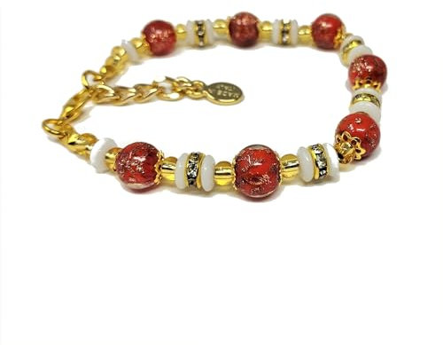Sospiri Venezia Bracelet Femme composé de 7 Perles en Verre Diamètre 8 mm Bracelet en Verre de Murano Original Bijou Idée Cadeau Made In Italy Certifié, Rouge-Blanc