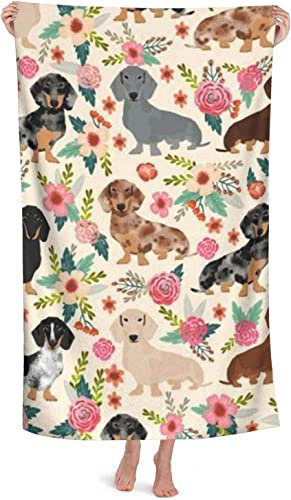 IUBBKI 80 x 130 cm Mikrofaser-Strandtuch, Dackel, Blume, Retro, Blume, super saugfähig, Badetuch für Pool, Fitnessstudio und Spa