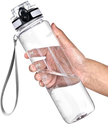 OLDLEY Water Bottle, 32oz Motivational Sports Water Bottle with Time Marker - Times to Drink - Tritan, BPA Free, Wide Mouth Leakproof, Clear (1 Bottle)