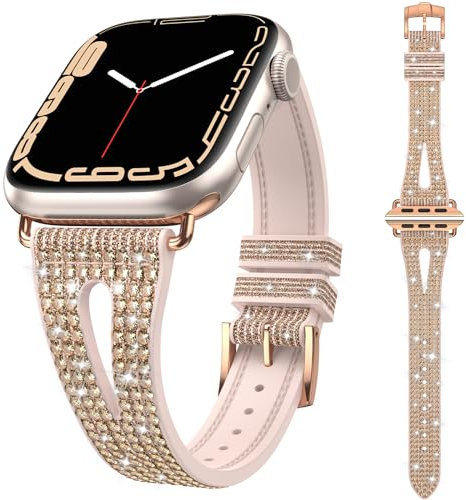 Kamita Bling Cinturino per Apple Watch Banda 38mm 40mm 41mm per Ragazze e Donne, Cinturini Regolabile in Diamante Silicone Watchband Scintillante Ricambio Strap per iWatch 9 8 7 6 5 4 SE 2 (Oro Rosa)