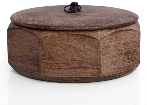 Handcrafted Wooden Mexican Tortilla Warmer Basket Indian Chapati Roti Bread Holder Box Pancake Keeper Serveware Hot Pot Casserole Dish with Lid Home Kitchen Dining Decor, Natural Brown, 23 x 9 cms