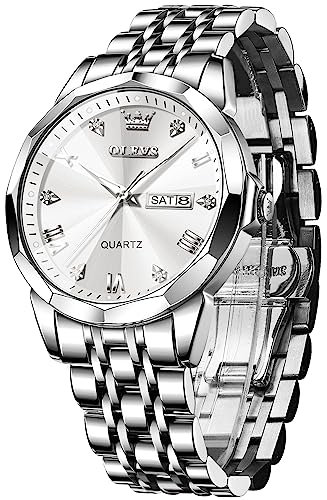 OLEVS Montres pour Hommes Diamond Business Wear analogique Quartz Acier Inoxydable étanche Lumineux Date Bicolore Luxe Casual Watch,Blanche Argent