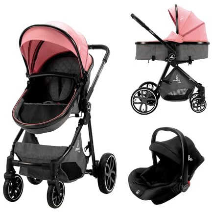 Asalvo SIDNEY 2 Trio Convertible 3 en 1, Poussette de bébé, Poussette Auto, Confortable, Sûre, Capote extensible, Suspension sur les roues, Frein arrière, Charge maximale 23 kg, Rose