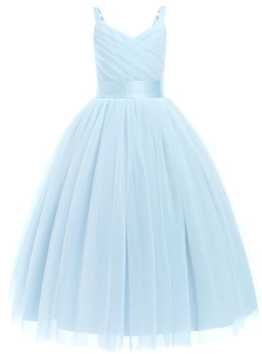 Odizli Blumenmädchenkleider Prinzessin Kleid Mädchen Kinder Spaghettiträger V-Ausschnitt A-Linie Tüllkleid Festlich Hochzeit Erstkommunion Kommunionkleid Abendkleid Lang Ballkleid Hellblau 10 Jahre