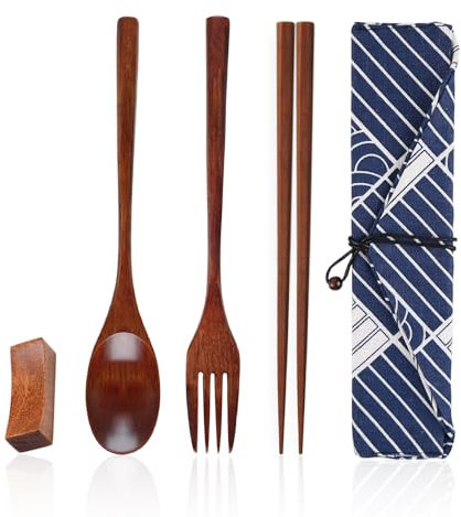 Juego de vajilla de madera de 3 piezas, 1 bolsa de tela, 1 soporte para palillos, juego de vajilla portátil, palillos, cucharas, tenedores de madera, adecuado para picnics, almuerzos en la oficina