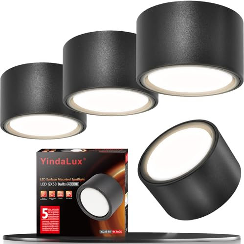 YindaLux 4x LED Aufbauspot Schwarz Matt Aufbaustrahler inkl. 6W 660LM Neutralweiß Aufputz 230V GX53 LED als Aufbauleuchte, Deckenspots, Spots Deckenleuchte, Deckenstrahler Aluminium Rund Ø95x55mm