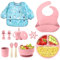NATNAV Assiette Bébé pour Kit de Sevrage autonome,Bol Cuillere Bebe,Tasse Bebe,Bavoir Silicone Bebe,Assiette Ventouse BéBé,Enfant Set Couverts Vaisselle Lot de 11 Set passe au lave-vaisselle (Rose)