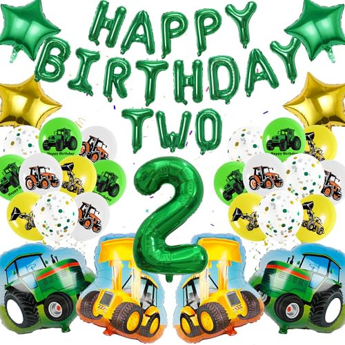 Grüne Traktor Luftballon 2. Geburtstag Deko - 45 Stück Bagger Thema Kindergeburtstag Dekoration Set Happy Birthday Folienballons Traktor Geburtstag Deko für 2 Jahre Jungen