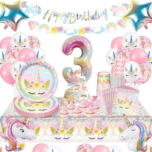 YIMAKJ Licorne Enfant Anniversaire Déco - Vaisselle Pour 3 Ans Fille, Assiettes En Carton, Tasses (16 Invités)
