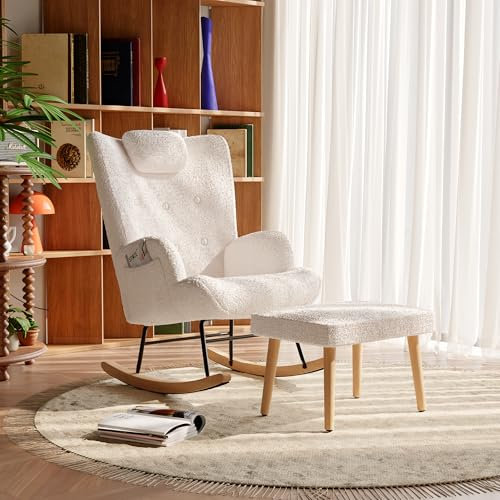 jeerbly Fauteuil à bascule de luxe en tissu peluche blanc avec appuie-tête, poche latérale et repose-pieds