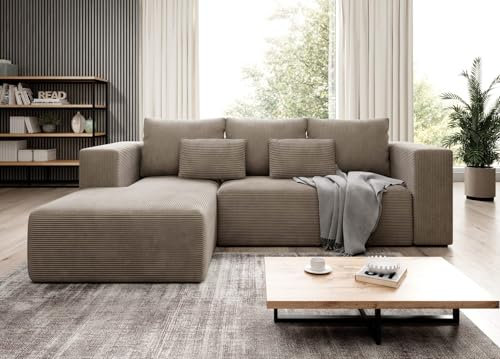 Easy4You Ecksofa Beige Stripes L-Form in Kord – 255 cm - Schlafsofa mit Bettzeugbehälter und Schlaffunktion - Eckcouch mit Stauraum - Links – Stoff Kord POSO 02