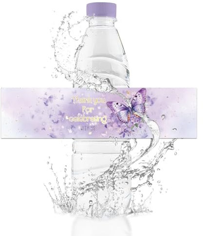 URROMA Waterproof Water Bottle Labels,50Pcs Thank You for Celebrating with Us Purple Butterfly Wraps Bottle Decor for Wedding Birthday Party