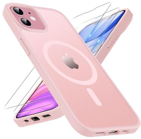 TQIAHF Magnetic Phone Case for iPhone 11 Case with 2 Tempered Glass Screen Protector Compatible with MagSafe Military Grade Shockproof Translucent Matte Cover Slim Phone Case for iPhone 11,Pink