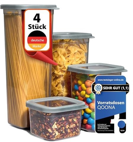 QOONA Luftdichte Vorratsdosen mit Deckel [4er-Set] Anthrazit - Stapelbar & platzsparend für die Küche, Vorratsgläser luftdicht, Mehl Aufbewahrung, Food Container, Vorratsbehälter, Aufbewahrungsbox