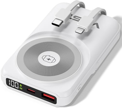 Power Bank USB-C [10.000mAh] - Magnetic Induction Power Bank with Cable - 20W Wireless Charger, 2.5W Watch Charger, 22.5W QC & 20W PD Fast Charging, Integrated Type-C Input, Aluminum Phone Stand