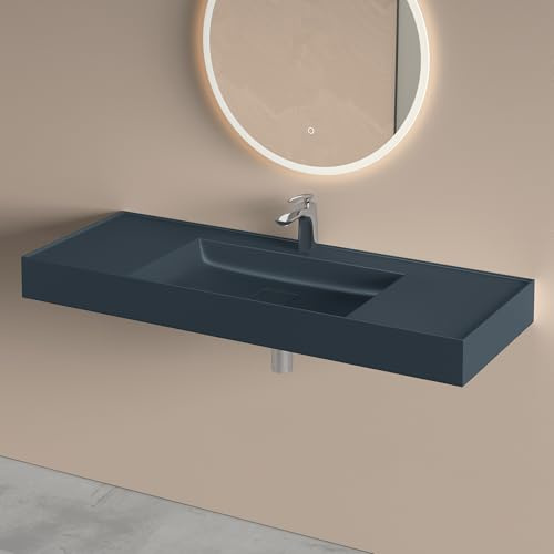 doporro Lavabo da Parete Rettangolare 120 cm per Bagno, Lavamani Soprapiano | Lavandino per Bagno in Resina, Colore Antracite, Finitura Opaca, Piletta di Scarico Inclusa, Vasca Integrata Centrale