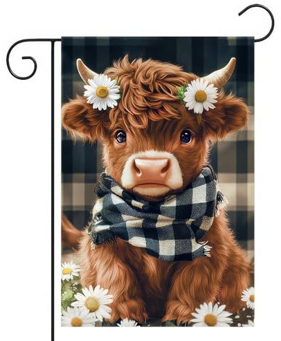 BlissYard Hochlandkuh Gartenflagge, 30,5 x 45,7 cm, doppelseitig, kariert, Gänseblümchen, Hofflagge, florale Kuh, Bauernhausflagge, bezaubernde Bauernhoftier-Outdoor-Dekoration für saisonale