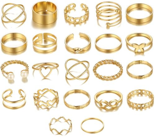 XYTAHDM 22 pezzi Set di anelli in acciaio inossidabile da donna Anelli impilabili regolabili vintage Anelli aperti alla moda Set di anelli per il pollice semplici da donna Oro