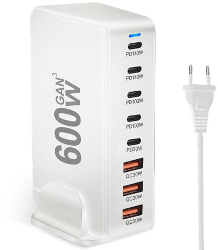 600W USB C Ladegerät 8-Port, Schnellladegerät Adapter mit GaN III und PD 3.1, mit 5 USB-C und 3 USB-A PD 3.1 Charger 140W Netzteil für MacBook, iPhone, Laptop, iPad, Samsung