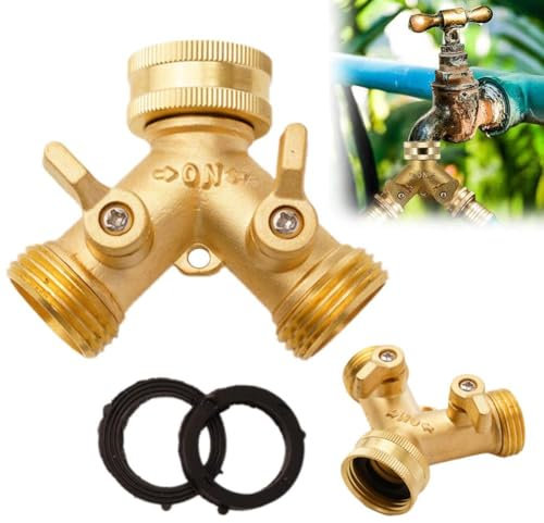 Répartiteur de tuyau d'arrosage robuste en laiton à 2 voies en forme de Y, connecteur de tuyau double anti-fuite de 1,9 cm avec valves marche/arrêt individuelles, connecteur de robinet de valve en Y