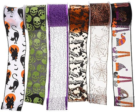Housoutil 6 Rouleaux Rubans de Décoration Halloween pour Diy Matériel de Fabrication de Noeuds Couronnes Festives