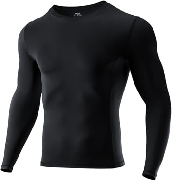 Niksa Men's Compression Long Sleeve T Shirt Muscle Fit Gym Top, 1 Pack Breathable Quick Dry Base Layer for Running Training Cycling Work, Slim Crew Neck Active Wear Clothes, Black, M