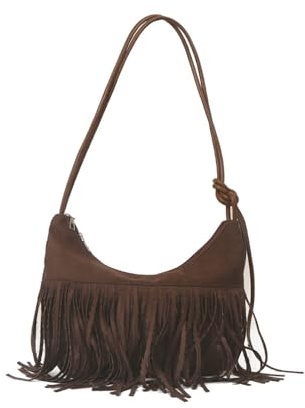 CORIOS Vintage Fransen Handtasche Frauen Schultertasche mit Quasten Damen Wildleder Umhängetasche Weiches Kunstleder Henkeltaschen Retro Tragetasche Elegant Arbeit Shopper Reise Tote Beutel Kaffee