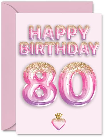 80th Birthday Cards for Women and Men, Pink & Purple Glitter Balloons | Happy Birthday Card for 80 Year Old Man Woman Grandad Auntie Nanny Nan, A5 Bday Greeting Cards