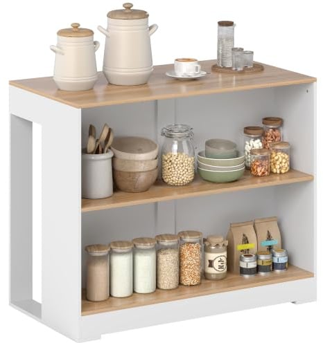 HOMCOM 3-stöckiger hoher Küchenbartisch 113 x 60 x 90 cm Weiß | 2 offene Fächer, natürliche Holzoptikplatte, für Esszimmer & Küche.